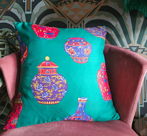 Vintage Scarf Cushion with Oriental vase design