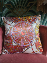 Load image into Gallery viewer, Vintage Scarf Cushion with Orange Purple and Yellow circle design